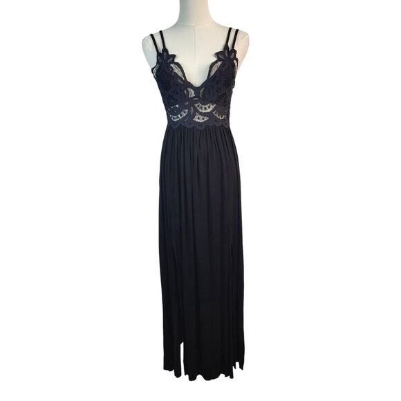 NEW POL Small Black Maxi Dress / Lingerie | Lace Cutout & Smocked Bodice 2 Slits - Picture 5 of 15